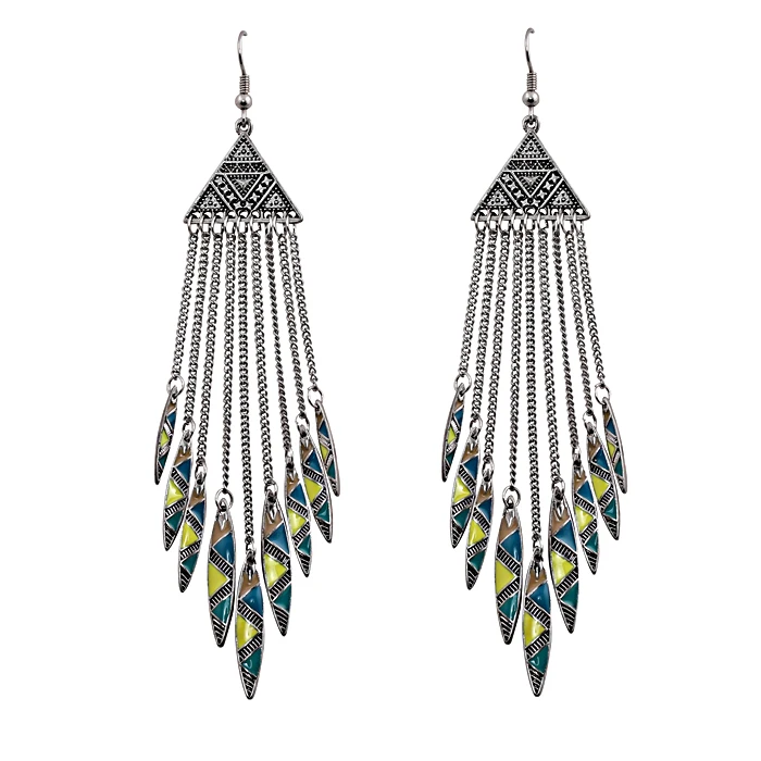 Бохо этнические племена серьги серебро треугольник эмаль падение бахрома