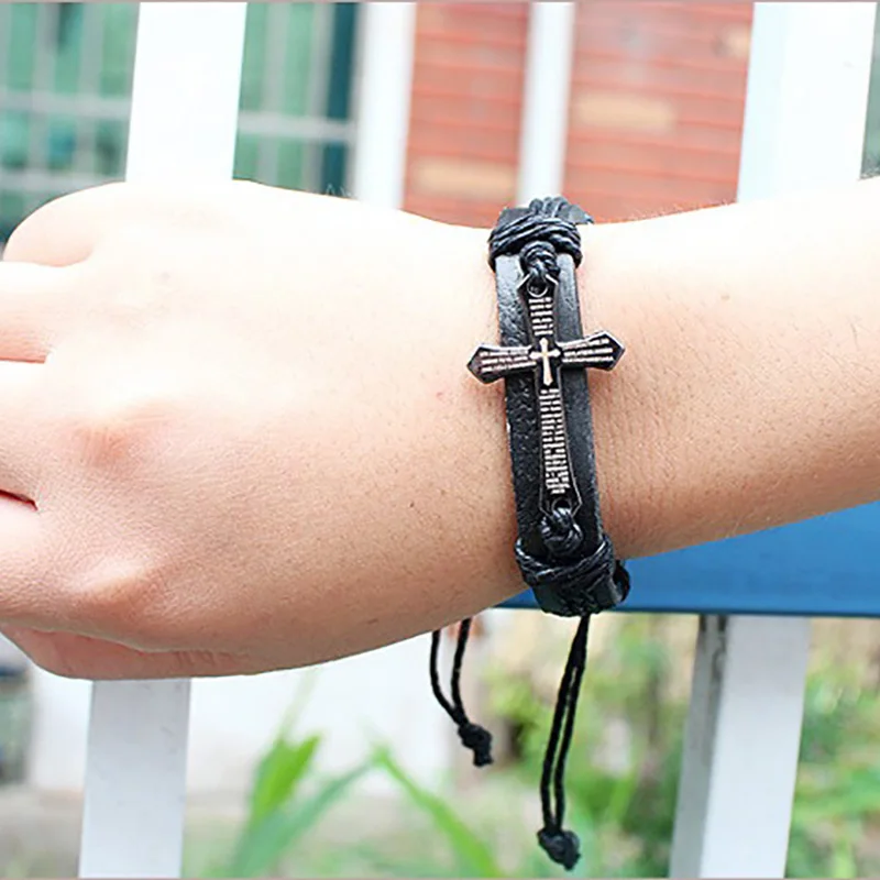 Браслет из натуральной кожи для женщин и мужчин серебряный крест Очаровательная