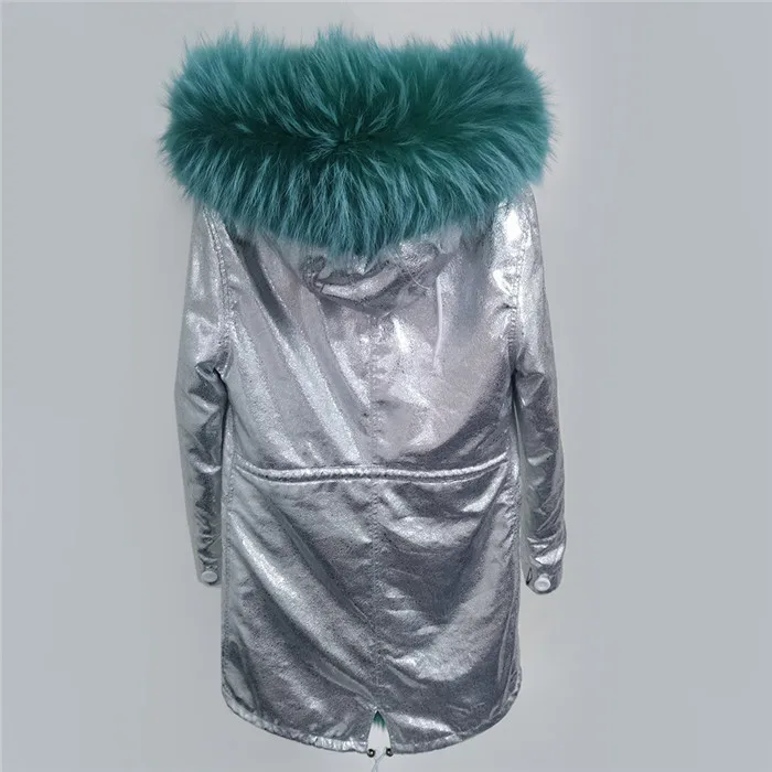 light blue inside Брендовая парка, Серебряное пальто из искусственной кожи, пальто с настоящим мехом, зимняя куртка для женщин, натуральный мех енота, теплые толстые парки, съемная уличная одежда - Цвет: light blue inside