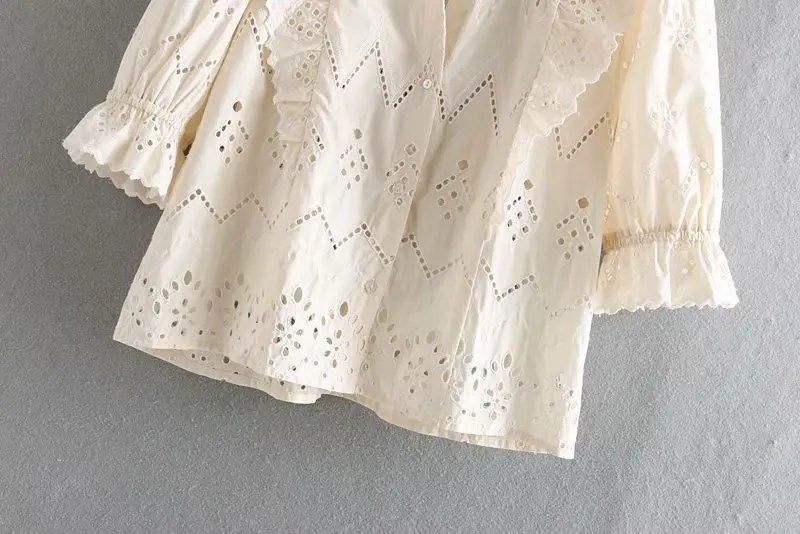 

Hollow Embroidery Cascading Ruffle Blouse Women Tops Casual Female Three Quarter Sleeve Shirt 2019 Summer Blouse