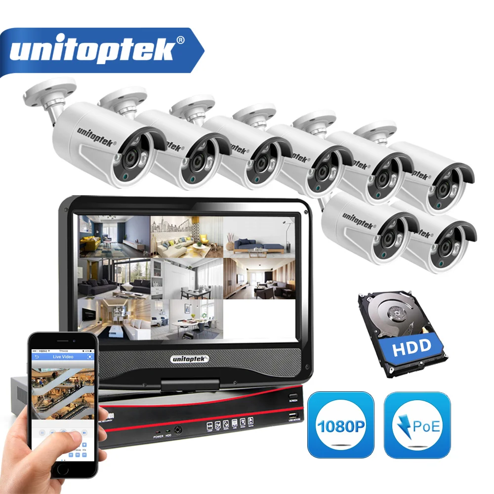 8CH 1080P CCTV System POE NVR Kit With 10.1 LCD Monitor Screen 8Pcs Outdoor PoE IP Camera Onvif Security Surveillance | Безопасность и
