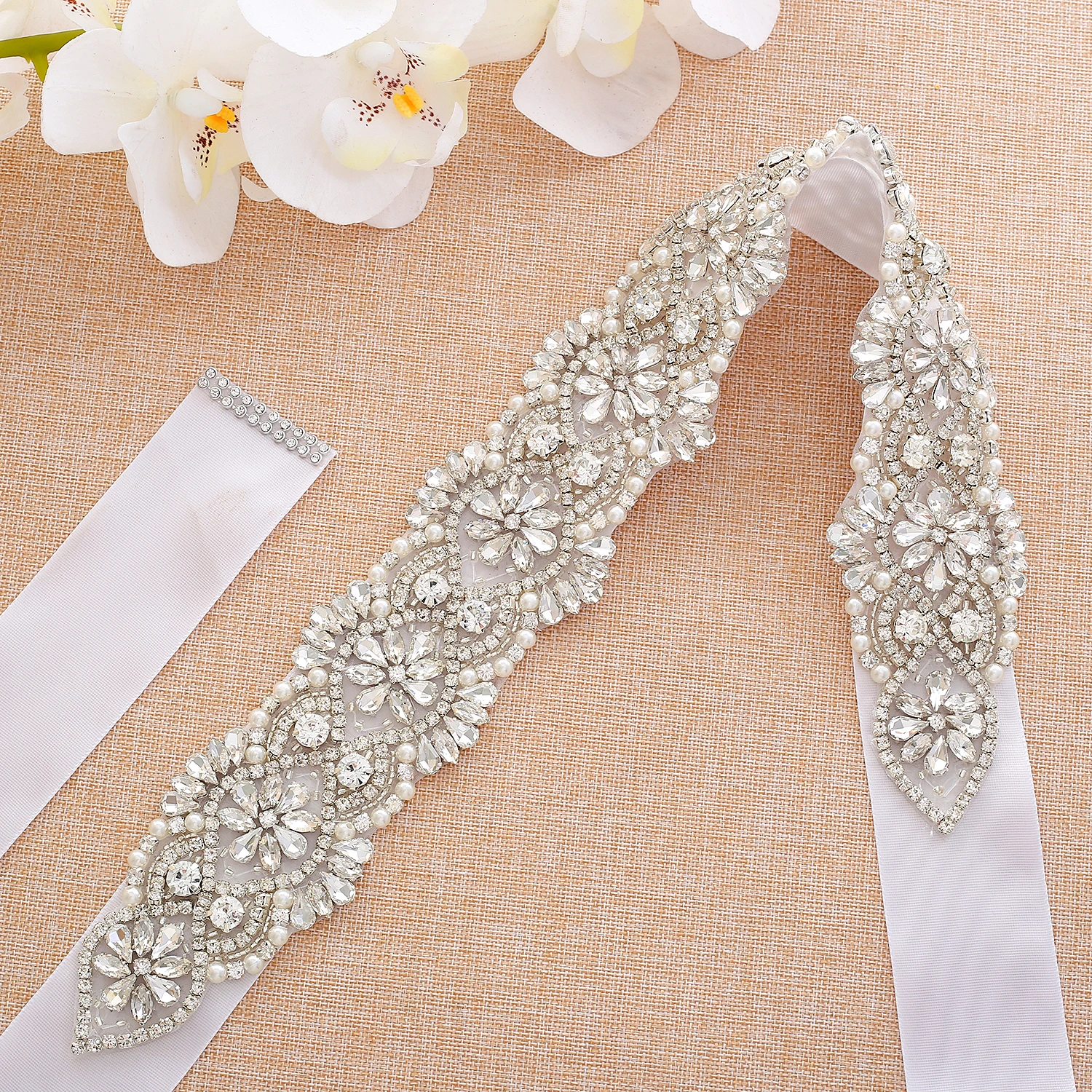 Big Size Wedding Dress Sash Belt With Pearls Silver Crystal Beads Rhinestones Bridal For Dresses ZZY139S | Свадьбы и торжества