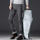 2018 модные зимние джинсы, мужские серые прямые эластичные хлопковые флисовые брюки, плотные теплые джинсы для мужчин, простые классические джинсы