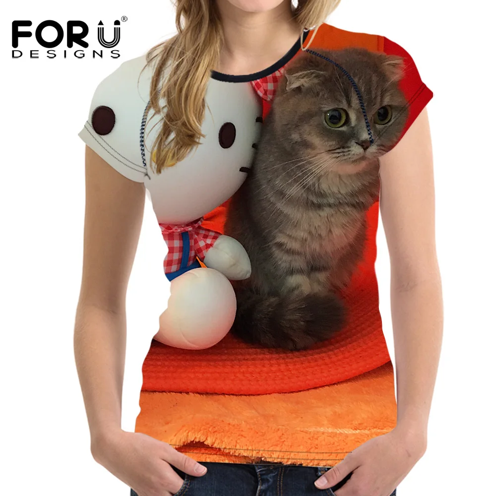 FORUDESIGNS/крутая 3D футболка с шотландским принтом кота женская модная укороченный