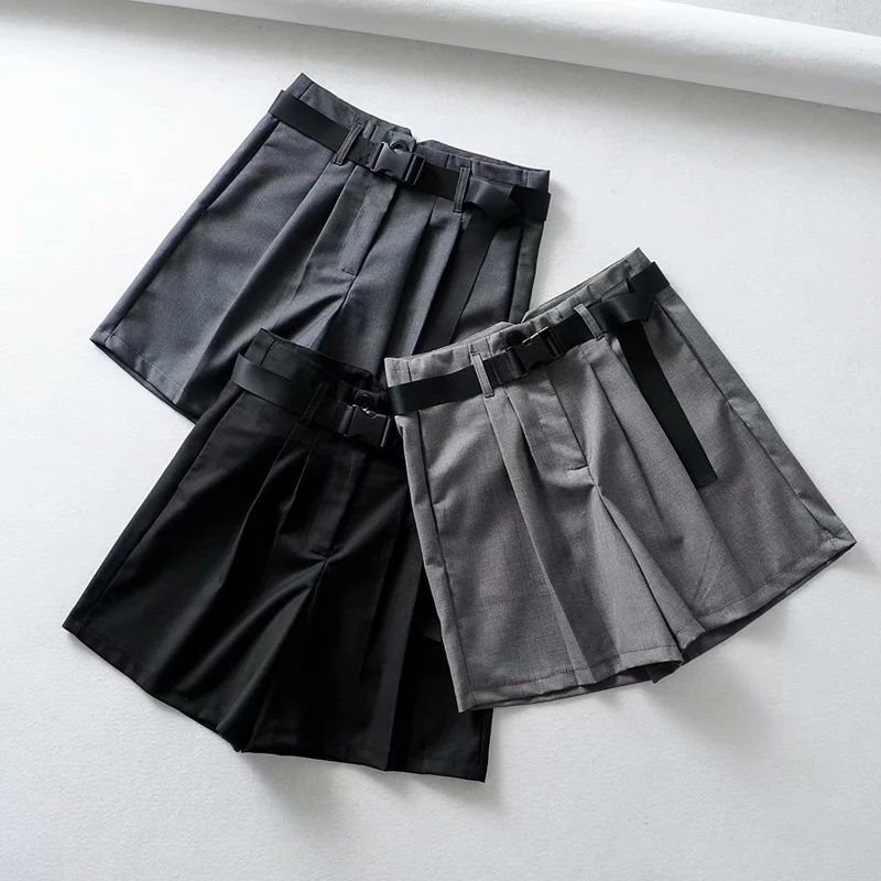 

Elegant Style Women Solid Loose Suit Shorts Summer Women High Waist Preppy Srtle Women Summer Solid Shorts with Waist Sashes