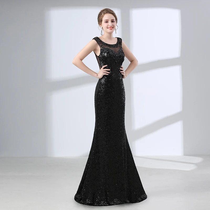 Женское вечернее платье черное длинное с блестками и открытой спинкой|robe de