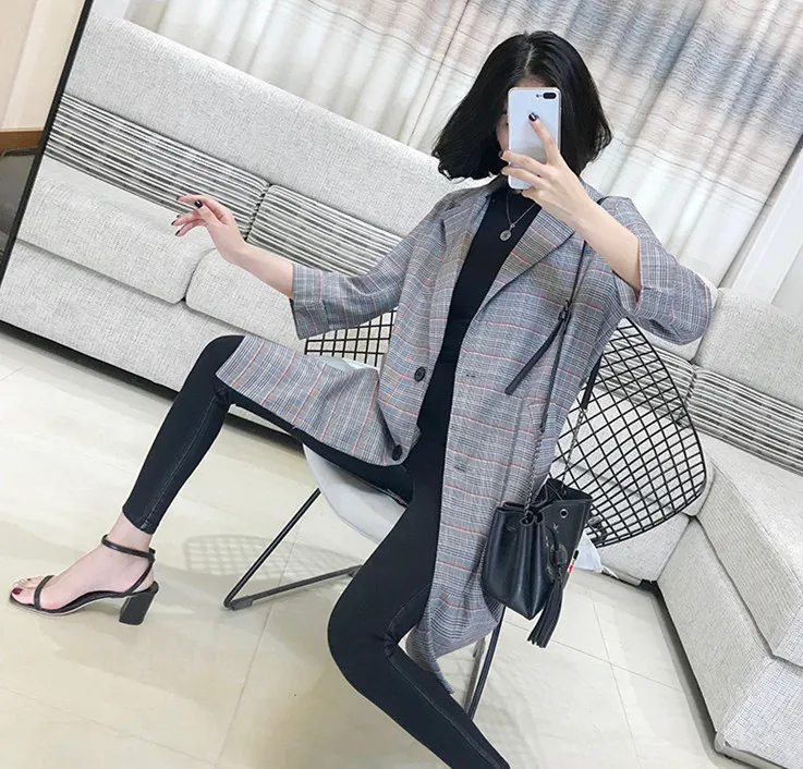 ALPHALMODA осенние женские винтажные клетчатые костюмы с рукавами, однобортный Женский Повседневный тонкий костюм