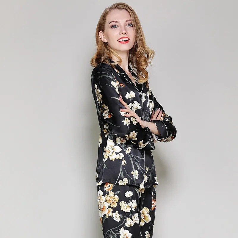 100% genuine silk Fashion flowers pajama sets womens sleepwear sexy black noble autumn pyjamas women skimpy pijamas mulheres