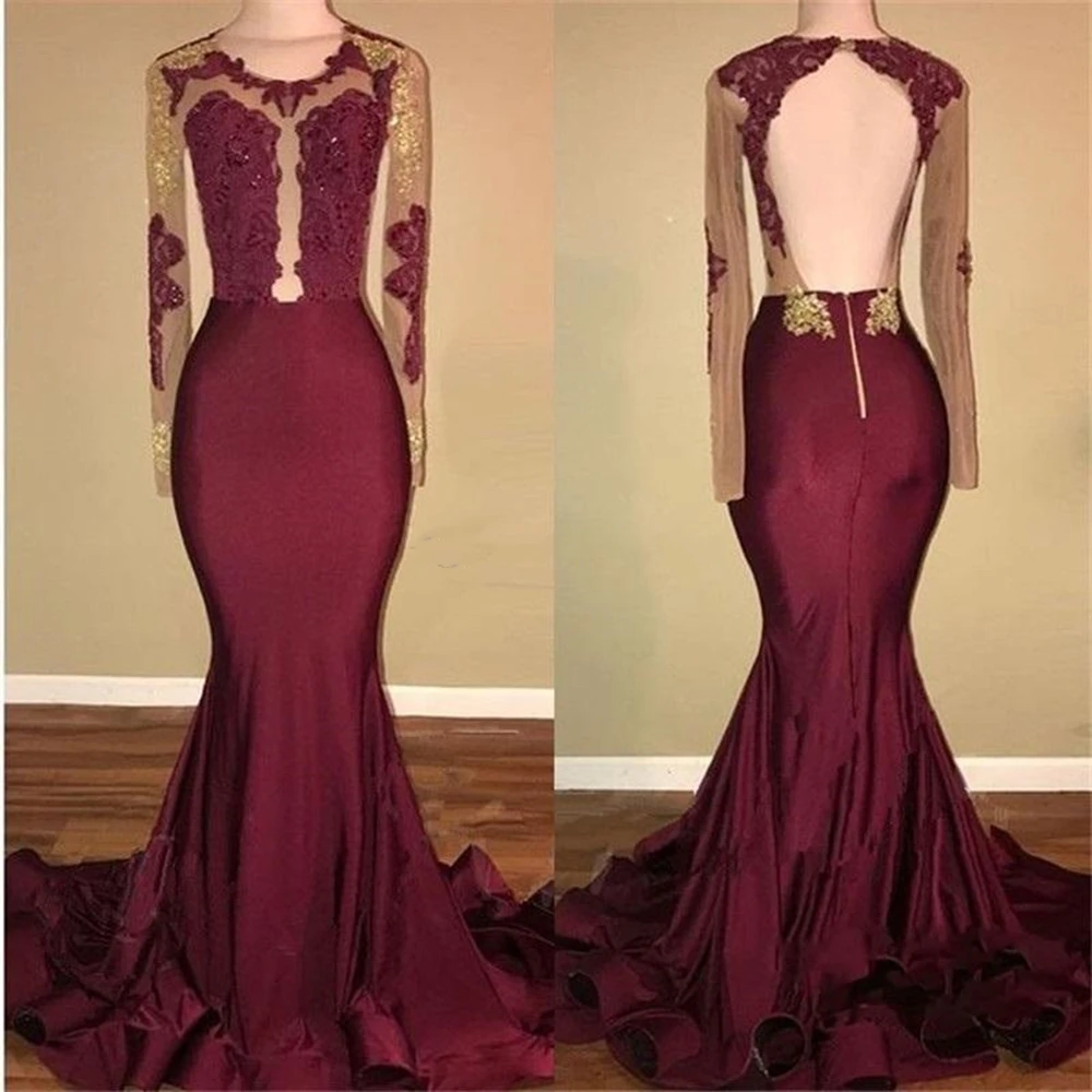 African Black and Gold Mermaid Prom Dress Long Sleeves Open Back Appliques Beads See Through Burgundy Evening Gowns | Свадьбы и