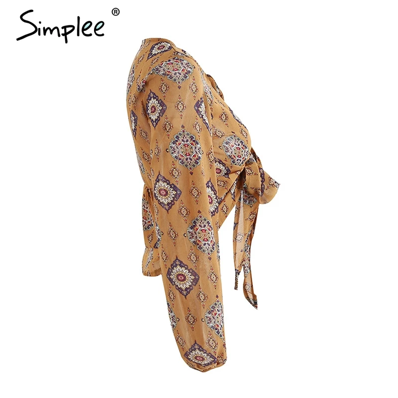 Женская шифоновая блузка Simplee с принтом рубашка глубоким треугольным вырезом