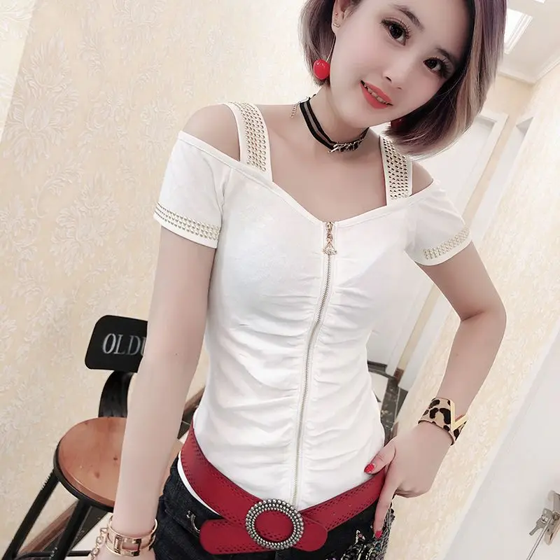 White tshirt Сексуальная футболка с застежкой-молнией, с открытыми плечами, с бриллиантами, лето, Женский ассиметричный топ с коротким рукавом, одежда T94144L - Цвет: White tshirt