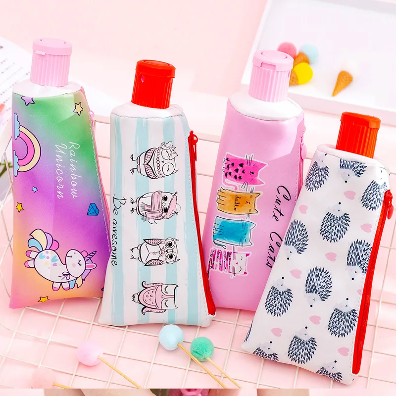 Creative toothpaste leather Pencil Case Cute Unicorn Owl cat large Pen Bag Kawaii Office School Supplies Korean Stationery