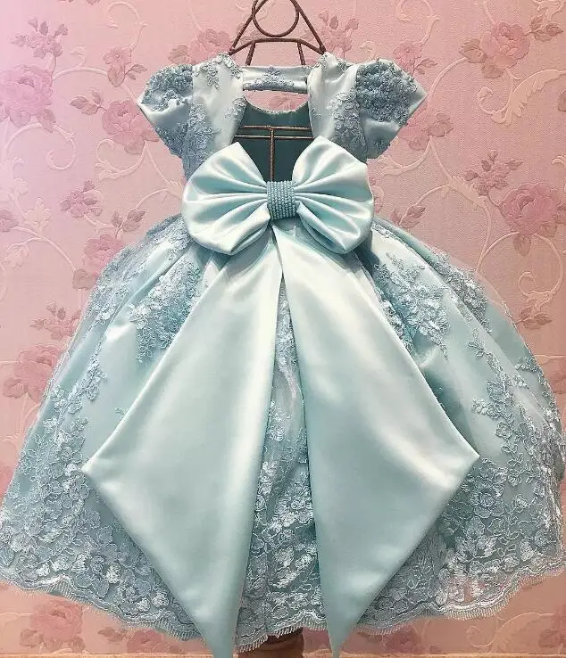 Custom Made Beaded Lace Baby Girls Dresses with big Bow Elegant First Birthday Toddler infant Clothes | Детская одежда и обувь