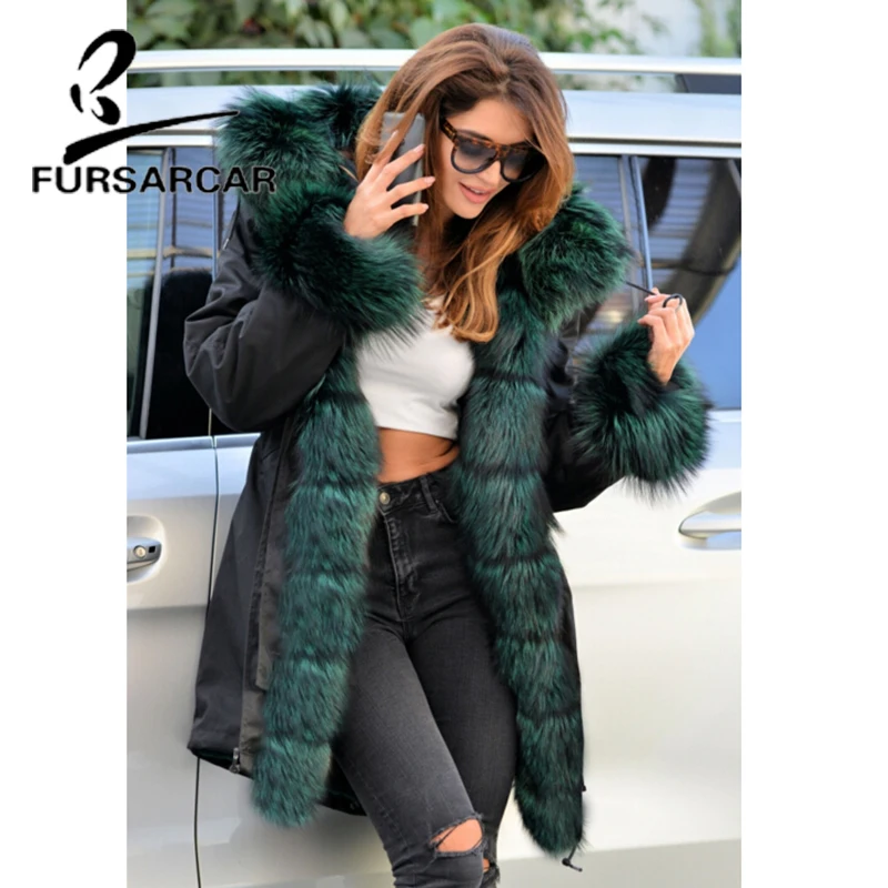 FURSARCAR/зимнее пальто из натурального меха женская черная парка с толстым