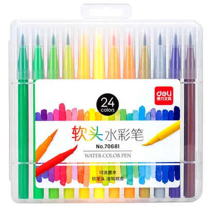 24 colors Deli, 24 шт./12 шт. в наборе, цветные ручки для рисования, цветной рисунок, Мягкая головка, моющиеся акварельные ручки, набор, волоконные кисти, маркеры - Цвет: 24 colors