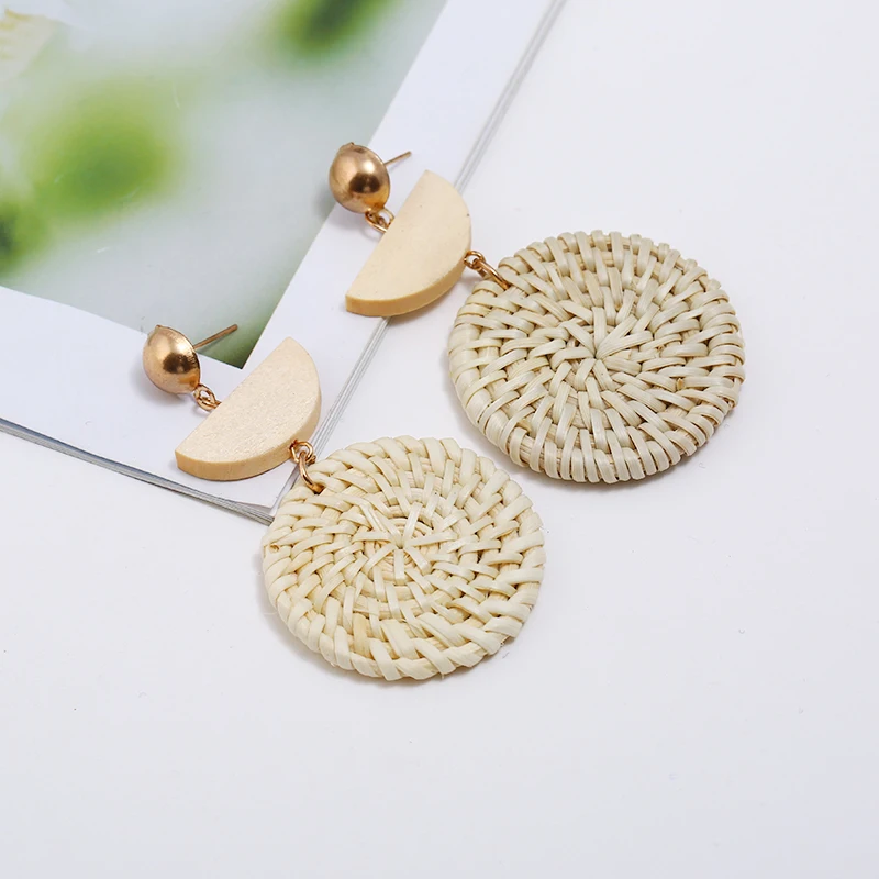 

Large Circle Rattan Weaving Earring Unique Semicircular Wood Bohemian Style Vintage Statement Jewelry For Women Earrings2019