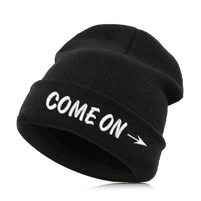 COME ON Beanie шляпа Skullie шапка, вязаная шапка-носок зима-осень вышивка лозунг девиз слова в стиле панк Для мужчин Для женщин для мальчиков и девочек для уличных танцев - Цвет: COME ON