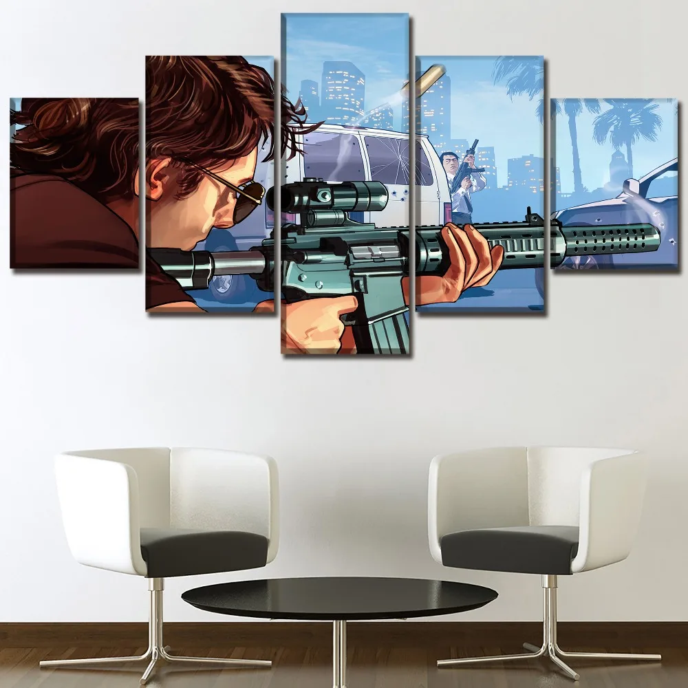 Game Poster Modern Wall Art Framework 5 Pieces Grand Theft Auto V Shooting Hands Picture Canvas Paintings Living Room Decor | Дом и сад