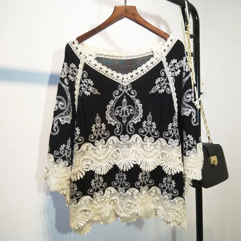 Женская винтажная блузка с вышивкой кружевная цветочной лето 2021|embroidery blouse|lace