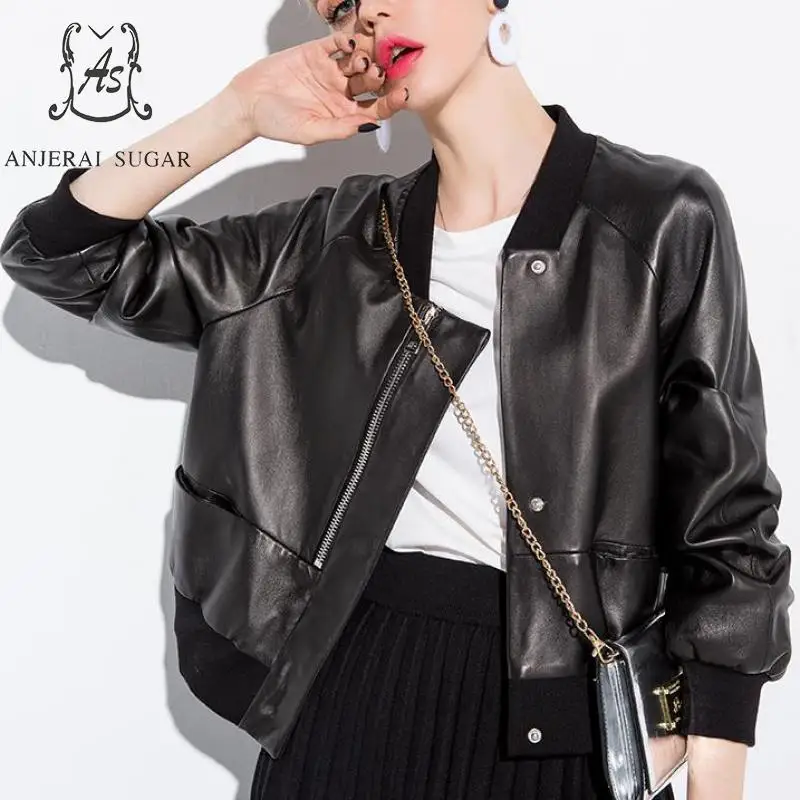 Autumn women Sheepskin Genuine Leather jacket Black motorcycle Casual short pocket real leather Baseball jaqueta couro feminina | Женская