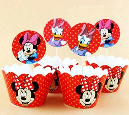 Red Minnie 24 шт. = 12 комплектов в партии милые обертки с рисунком в стиле аниме для кексов, Детские аксессуары для дня рождения, украшения свадебного торта - Цвет: Red Minnie