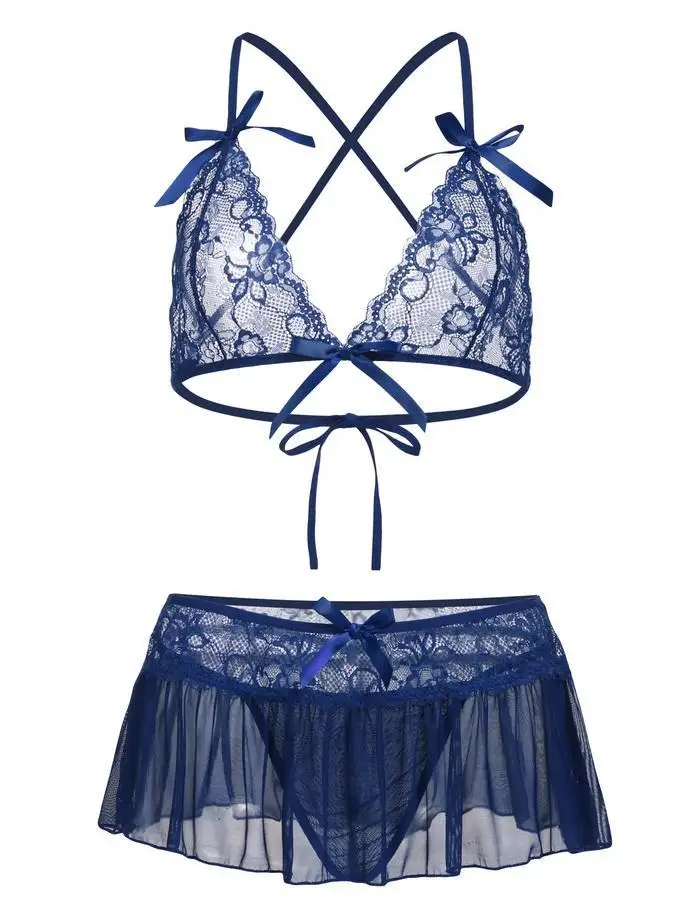 Avidlove Babydoll, сексуальное женское нижнее белье, набор, женское, сексуальное, на бретельках, кружевное, цветочное, прозрачное, кружевное, с бантом, белье, пижама, стринги