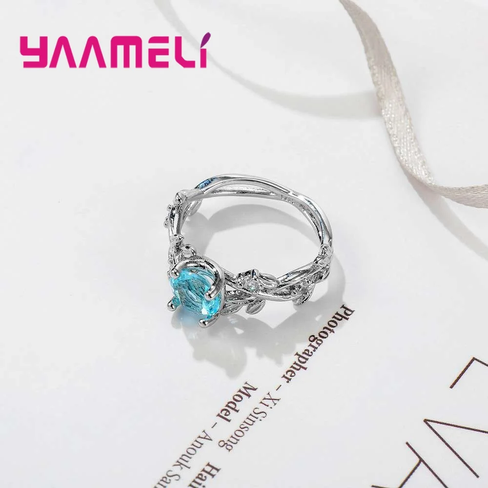 

Hot Sale Blue CZ Crystal Stone Jewelry Engagement Wedding Ring Pure Solid 925 Sterling Silver Round Cut Fine Jewelry