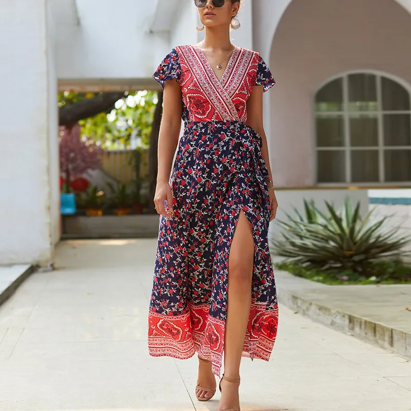 Женское длинное платье-макси с v-образным вырезом и коротким рукавом на лето 2019 |