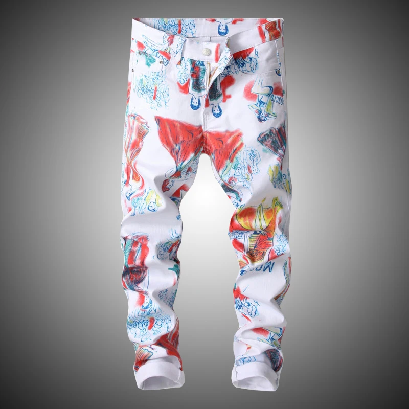 Брюки мужские джинсовые с принтом повседневные штаны из денима облегающие брюки