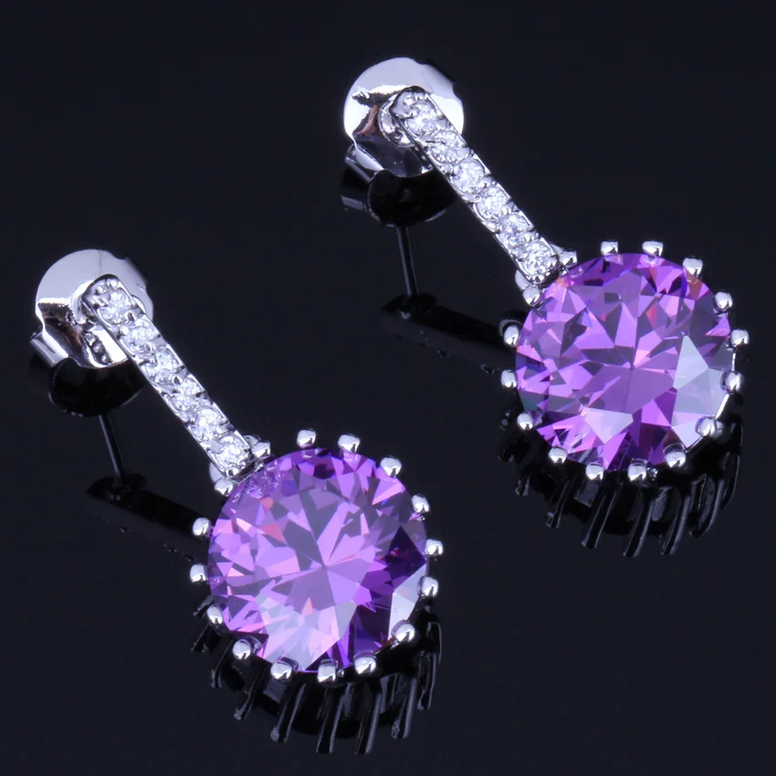 

Amazing Round Purple Cubic Zirconia White CZ Silver Plated Stud Earrings V0192