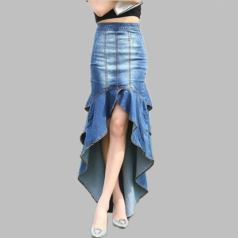 

JSXDHK New 2022 Summer High Street Denim Skirts Women Ruffles Irregula Bodycon Slim Jeans Skirt Fashion Long Fishtais Skirts