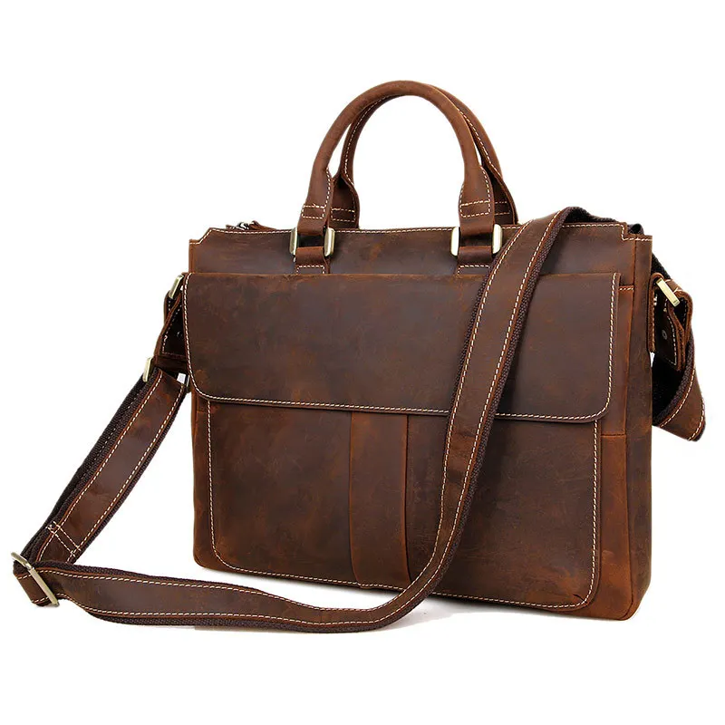 

Nesitu Vintage Brown Thick Real Skin Genuine Crazy Horse Leather Men Messenger Bags 14'' Laptop Briefcase Portfolio M7113