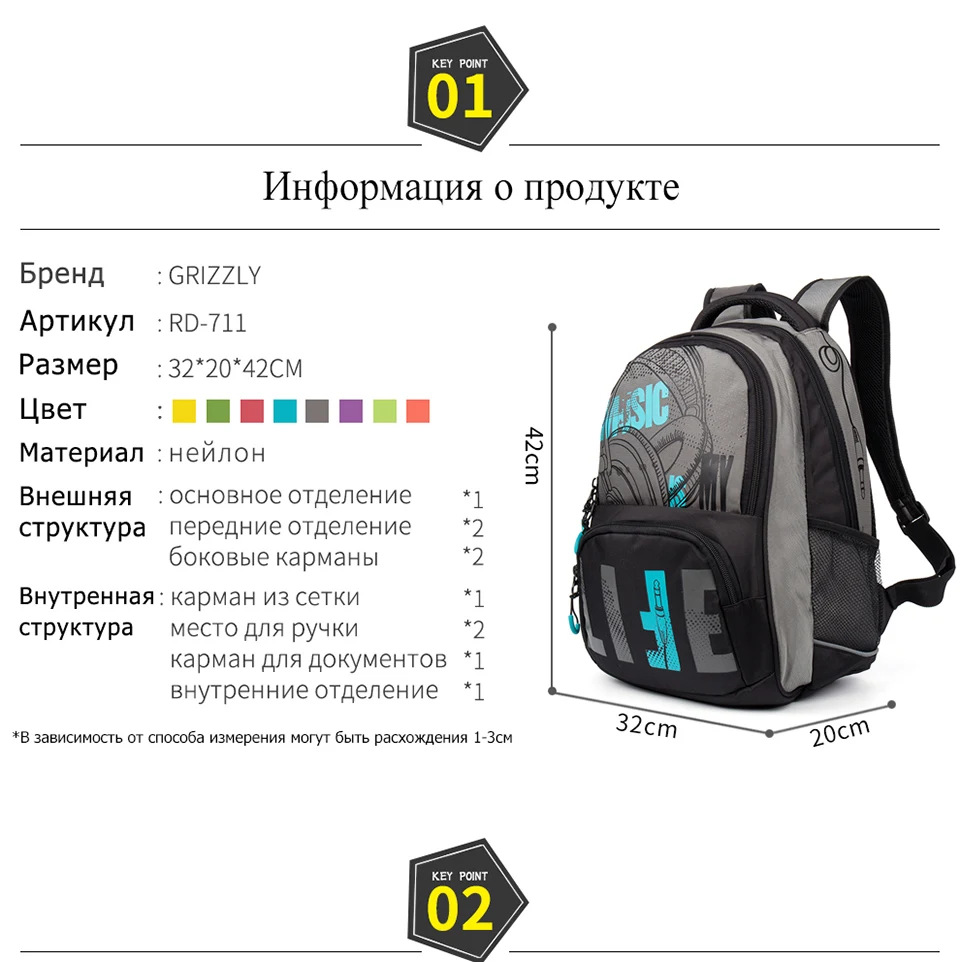 GRIZZLY Детский рюкзак, школьная сумка для подростков, для мальчиков, рюкзак, многофункциональный, водонепроницаемый, большой емкости, дорожные сумки