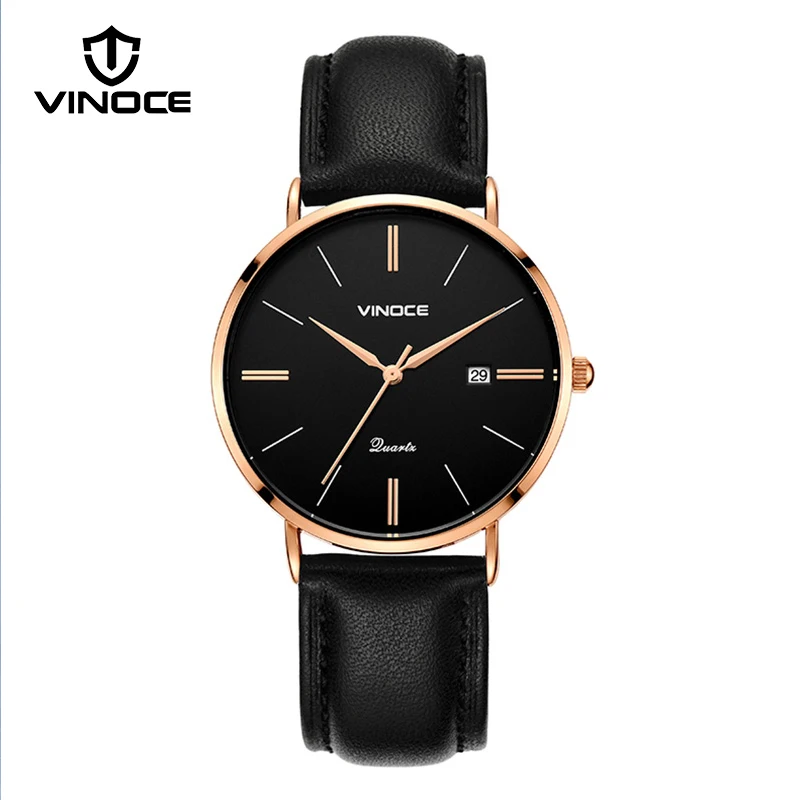 VINOCE Роскошные Кварцевые часы для мужчин s ремешок из натуральной кожи наручные часы водонепроницаемые Relogio Masculino новые мужские часы# V9641 - Цвет: black rosegold black