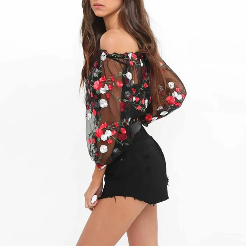 Новинка 2018 женские летние блузки с длинным рукавом и цветочным принтом сетчатые