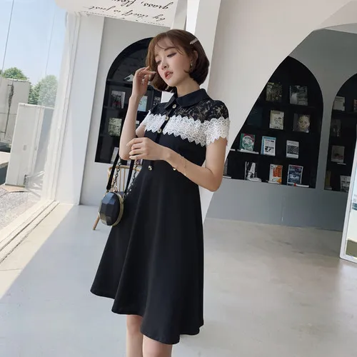Летнее корейское кружевное платье в стиле пэчворк с круглым отложным воротником