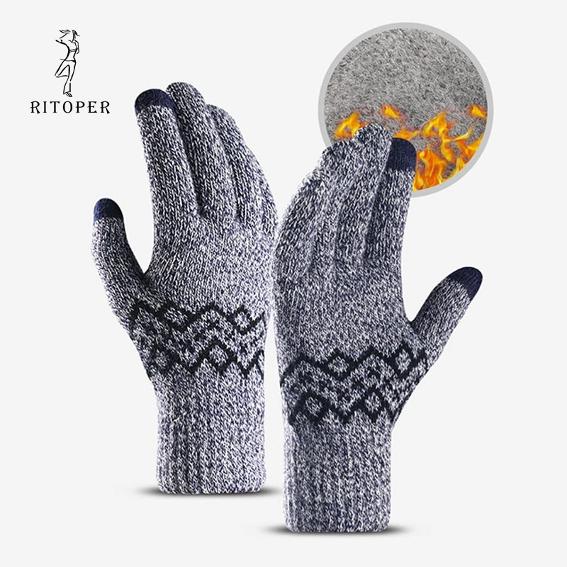 Мужские вязаные перчатки RITOPER WIinter утолщенные бархатные для сенсорного экрана с