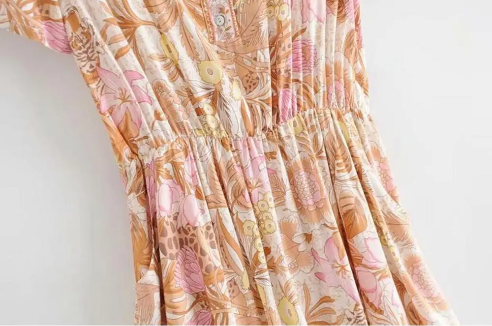 2019 новый богемный О шеи оранжевый розовый Платье с цветочным принтом в