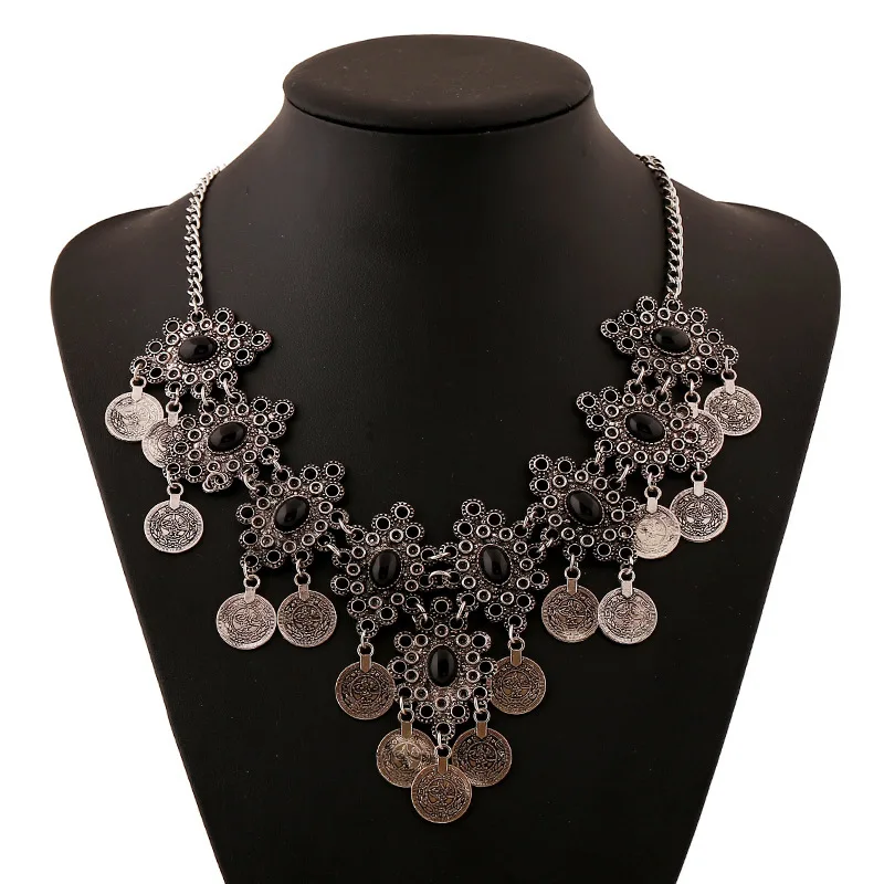 Bohemian Gypsy Affair Necklace Bracelet Set Silver Coin Choker Moon Child Turkish India Jewelry sets free shipping | Украшения и