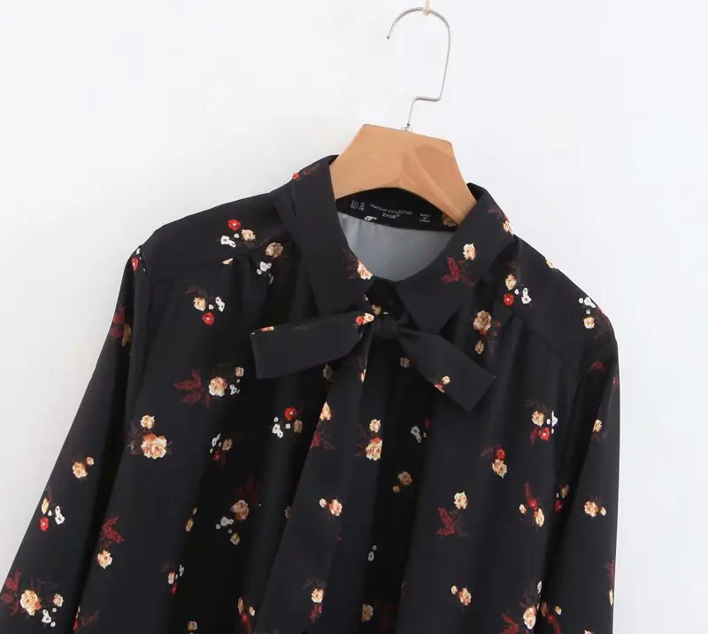 2019 Женская милая шифоновая блуза с цветочным принтом и бантом женская блузка