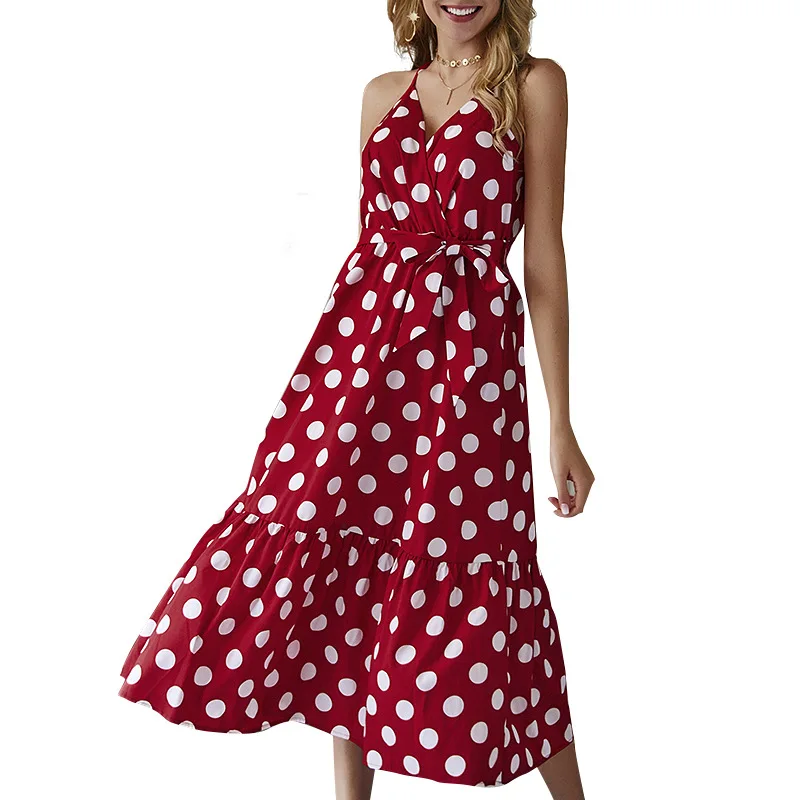 Женский винтажный сарафан в горошек с V образным вырезом и открытой