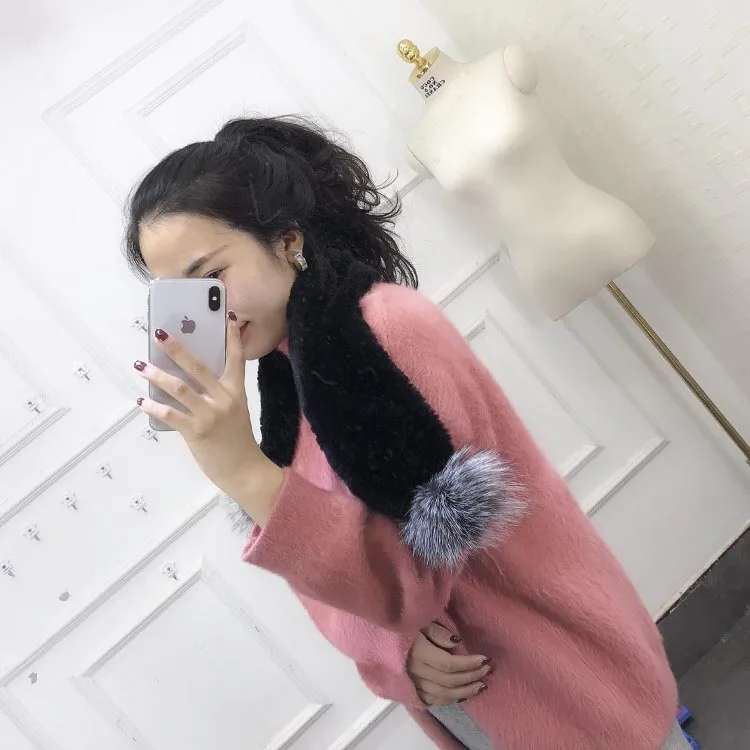 ZDFURS* женские зимние с мехом кролика шарфы ; с натуральным кроличьим мехом шарф зимние теплые модные меха лисы мяч Настоящее мех кролика