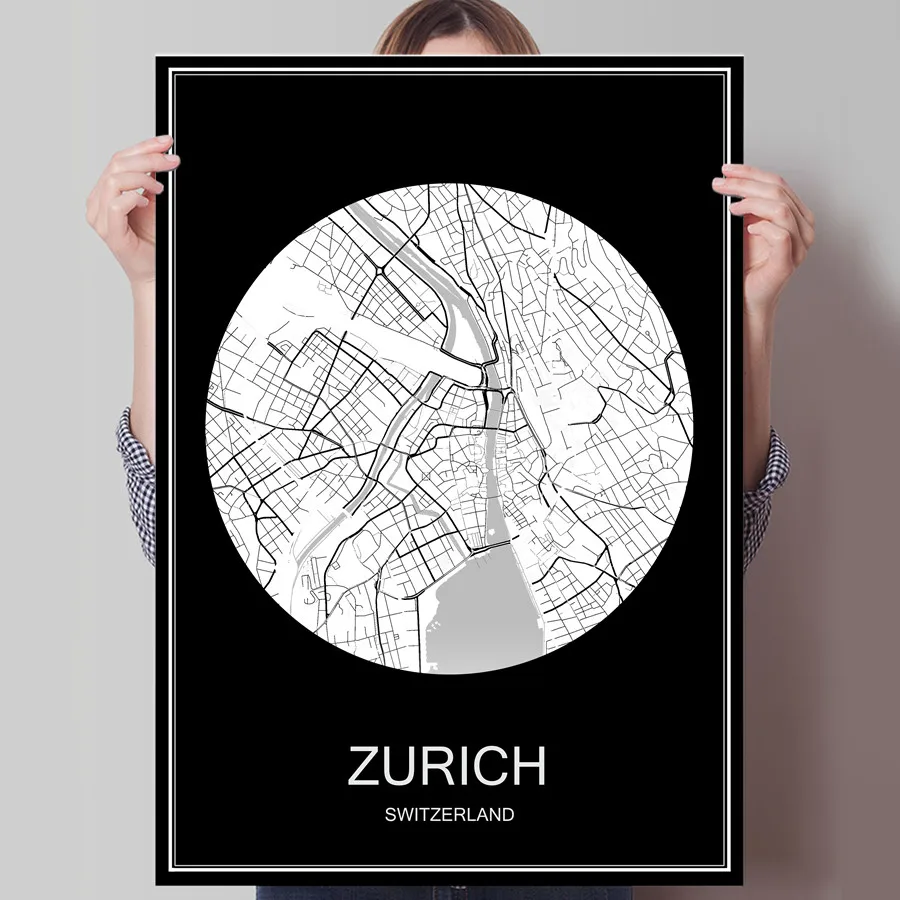 Печать на картах города черно белая карта плакат печать бумаге или холсте