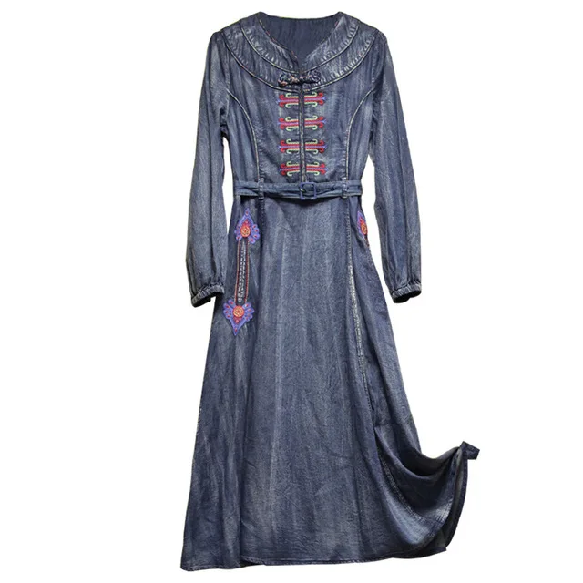 

Temperament elegant original brand boutique women's clothing spring autumn slim waistband denim fabric embroidery dress women