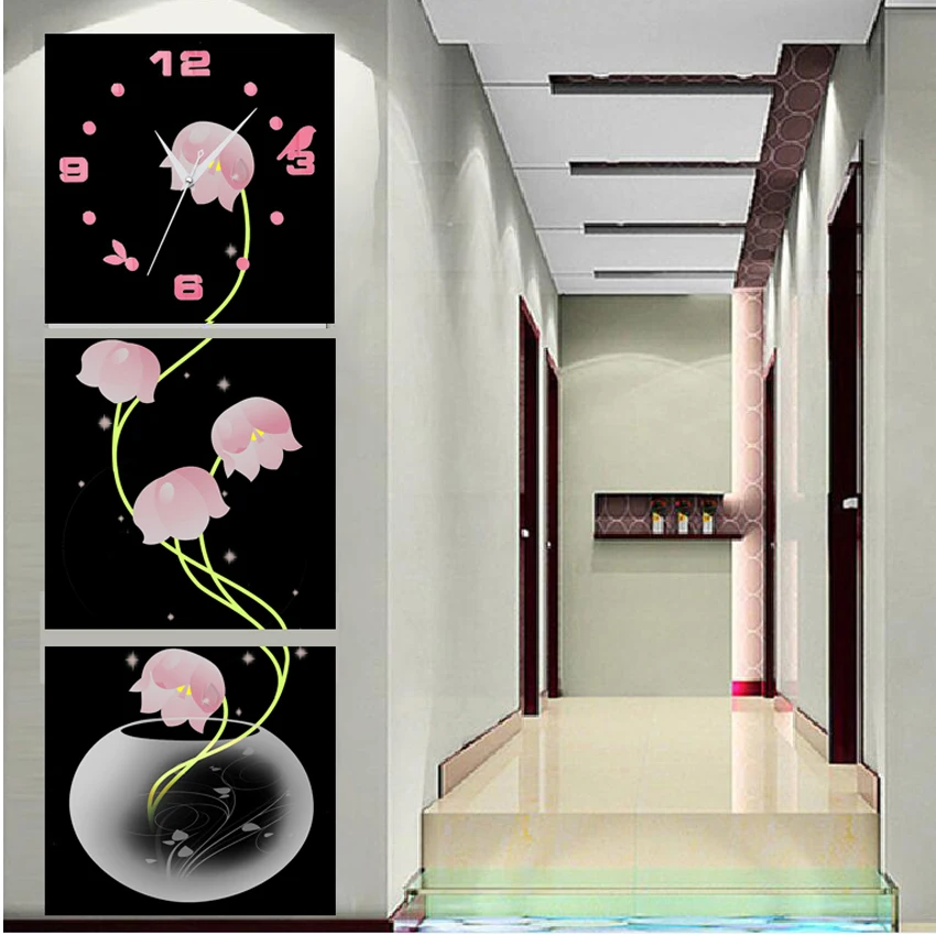 Самостоятельные настенные часы Триптих Алмазная вышивка Полный круг 5D Живопись Стразы Цветочные наклейки.