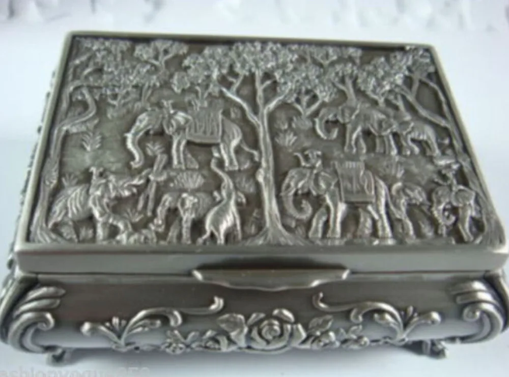 

Beautiful tibet silver carved elephant jewelry box MM free shipping