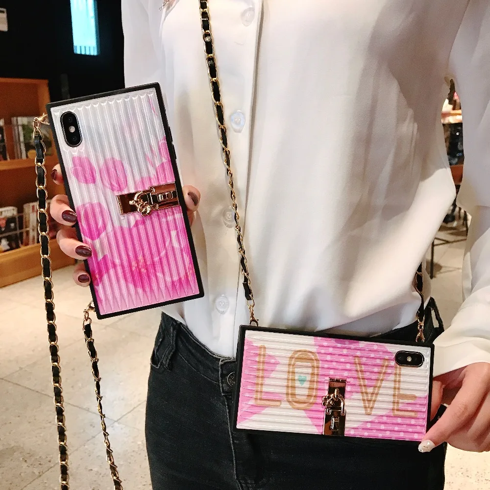 Luxury Cases for iphone XS MAX XR X 8 7 6 6S plus case cover fashion pink Cherry blossoms with long chain Silicone+PC Phone Bag |
