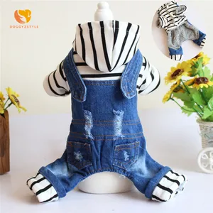 Джинсовый комбинезон в полоску для домашних животных, собак, кошек, щенков, модные утепленные толстовки, теплый костюм с четырьмя штанинами, женский стиль