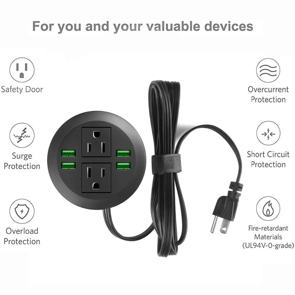 Настольная Втулка с USB, скрытая розетка питания. Настольная розетка с отверстием, легкий доступ к 2 источнику питания вместе с 4 USB Powe