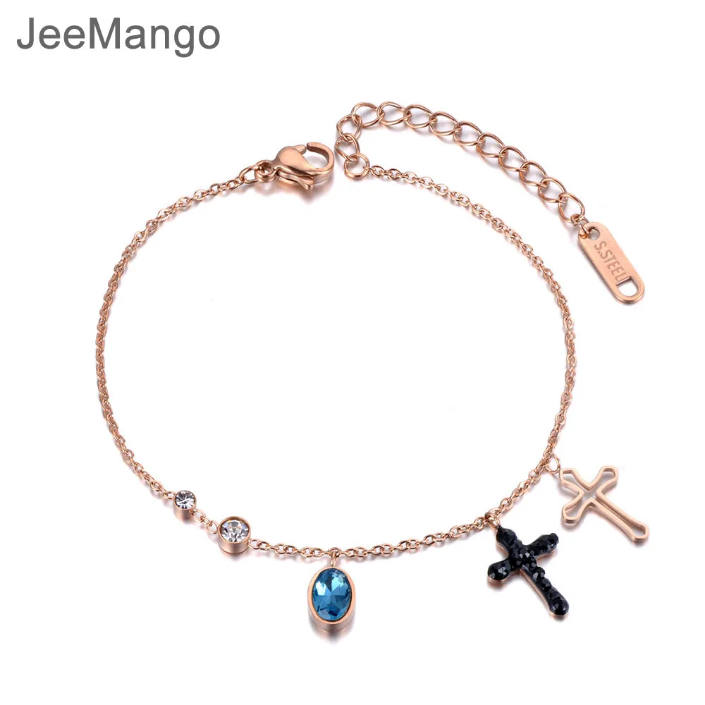 JeeMango кубический цирконий крест очаровательный браслет для женщин из нержавеющей